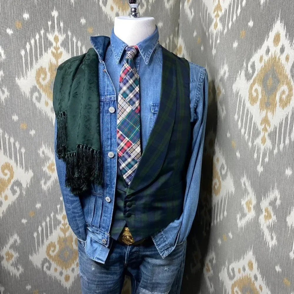 Polo Ralph Lauren Silk Blackwatch Tartan Plaid Shawl Collar Waistcoat Vest